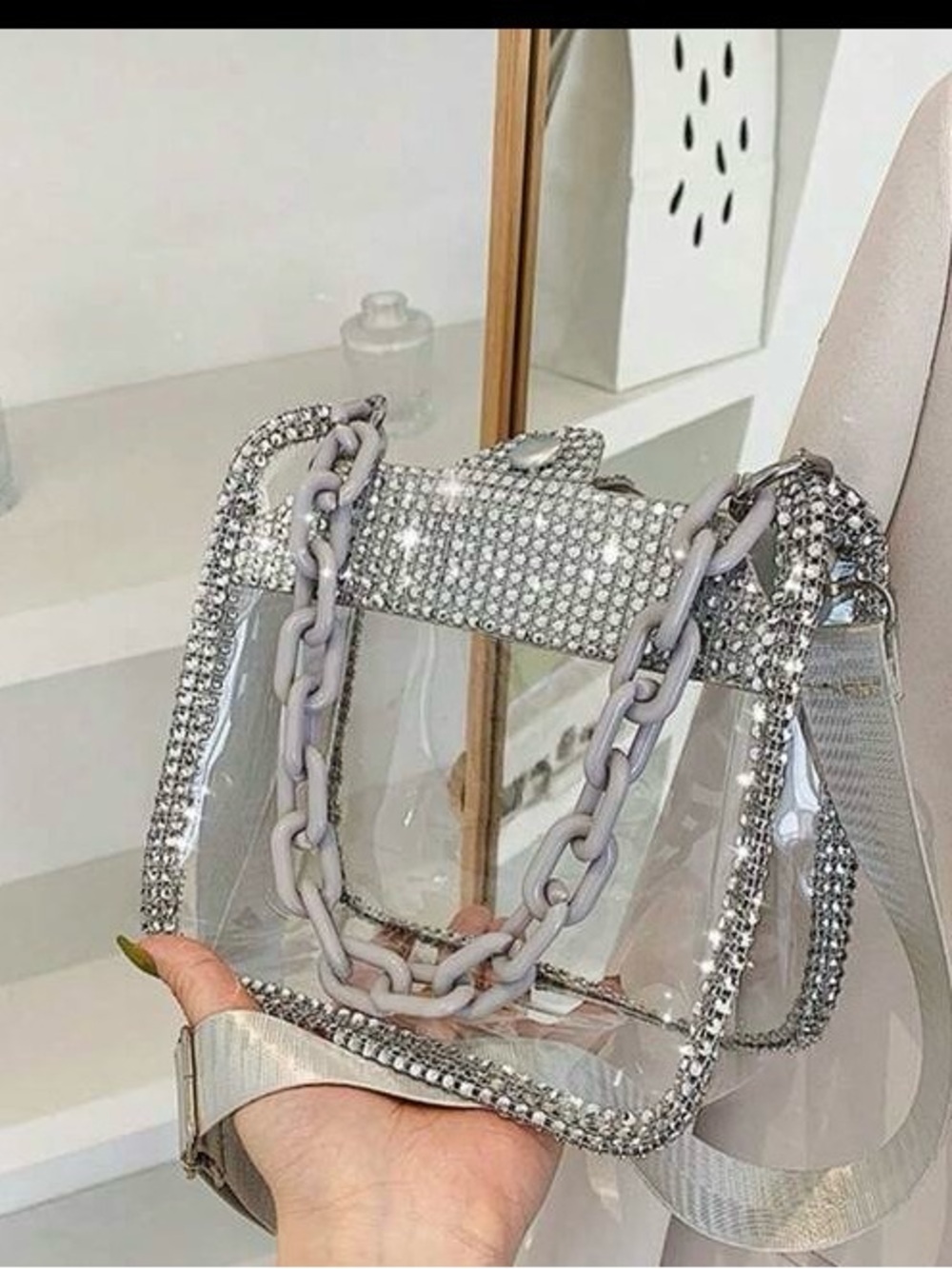 SHEIN Clear Crossbody Bag with Silver Rhinestones and Gray Chain